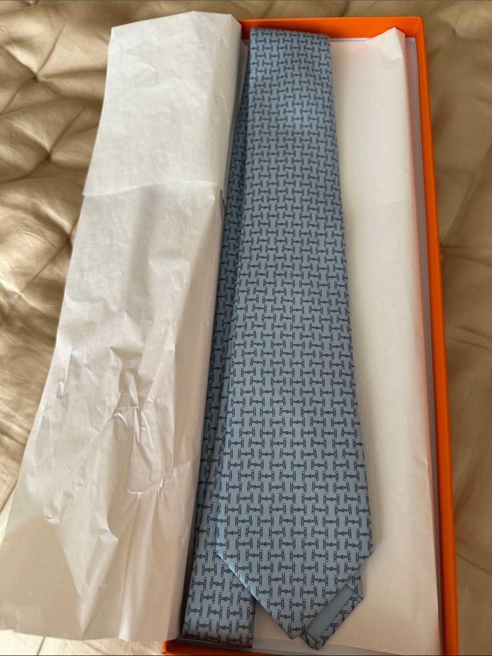 Hermes Light Blue Geometric Silk Tie